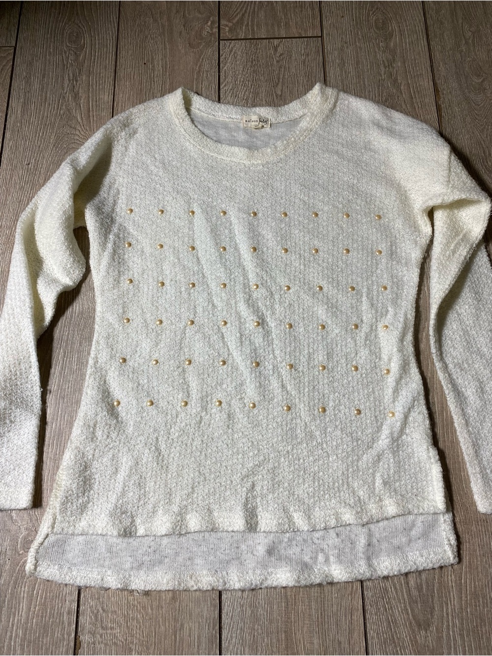 Maison Jules Pearl Embellished Knit Sweater Cream High-Low Sz S